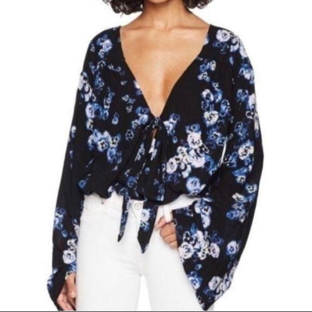 Free People Intimate Forties Feel Floral Flowing Bell Sleeve V-Neck Tie Bodysuit